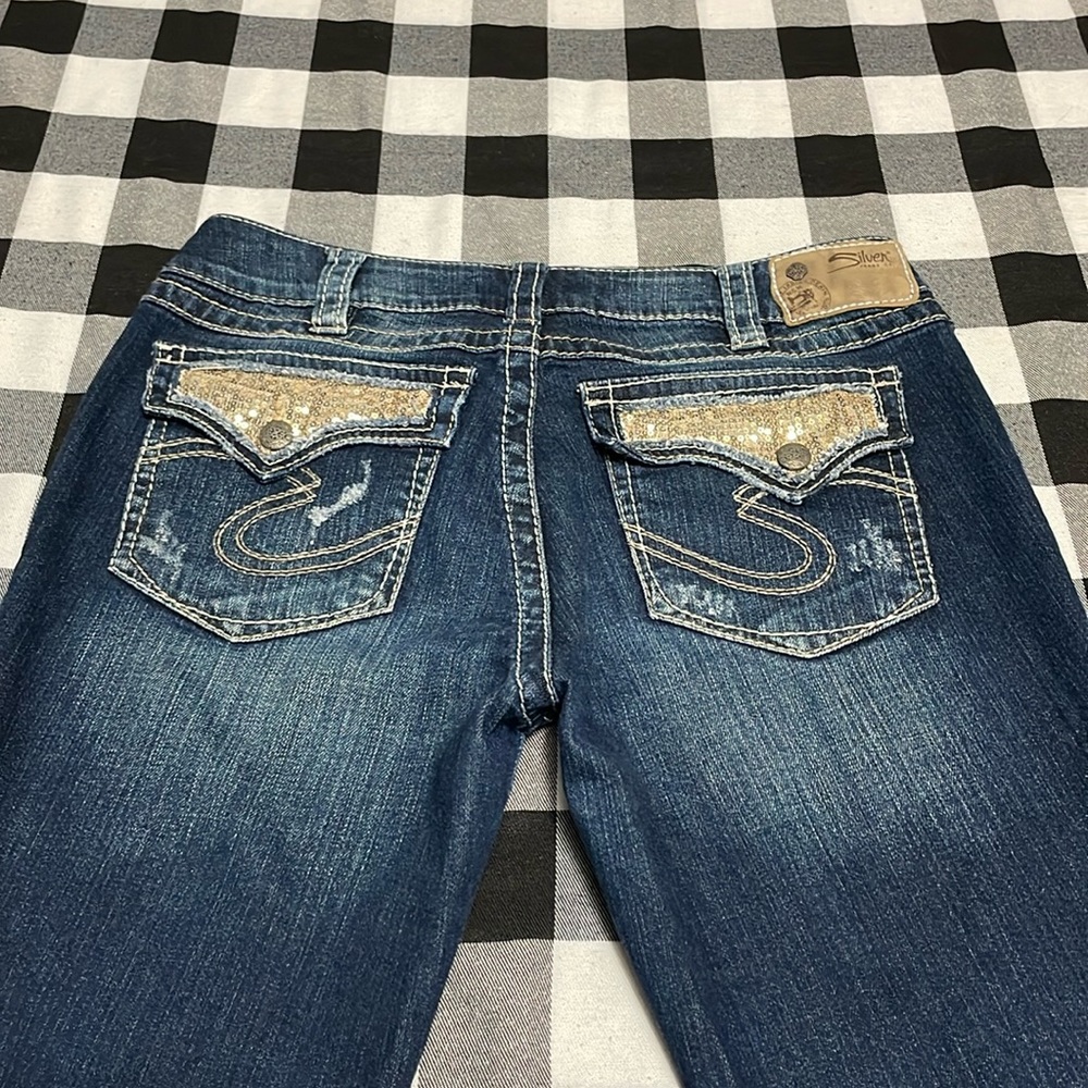 Silver Jeans Suki Surplus 30/32 Bootcut Flare Gold Embellished Distress Stretch